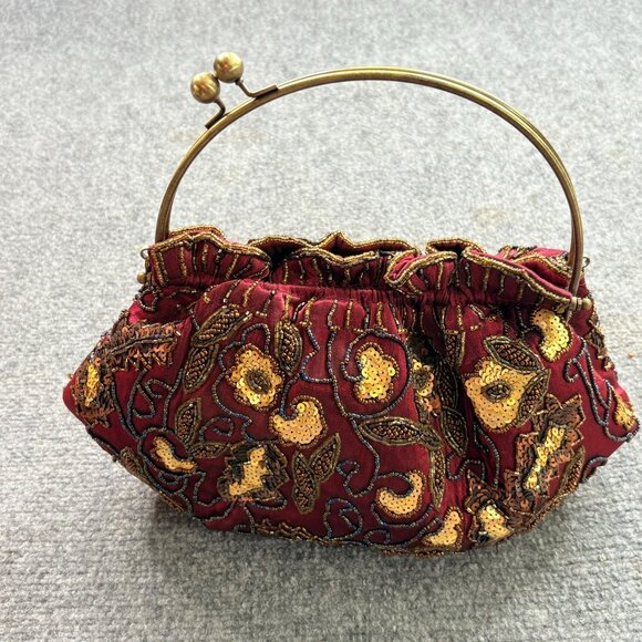 VTG Red Sequin Beaded Purse Metal Handle Kisslock Fairycore Steampunk Artsy boho - Picture 1 of 16